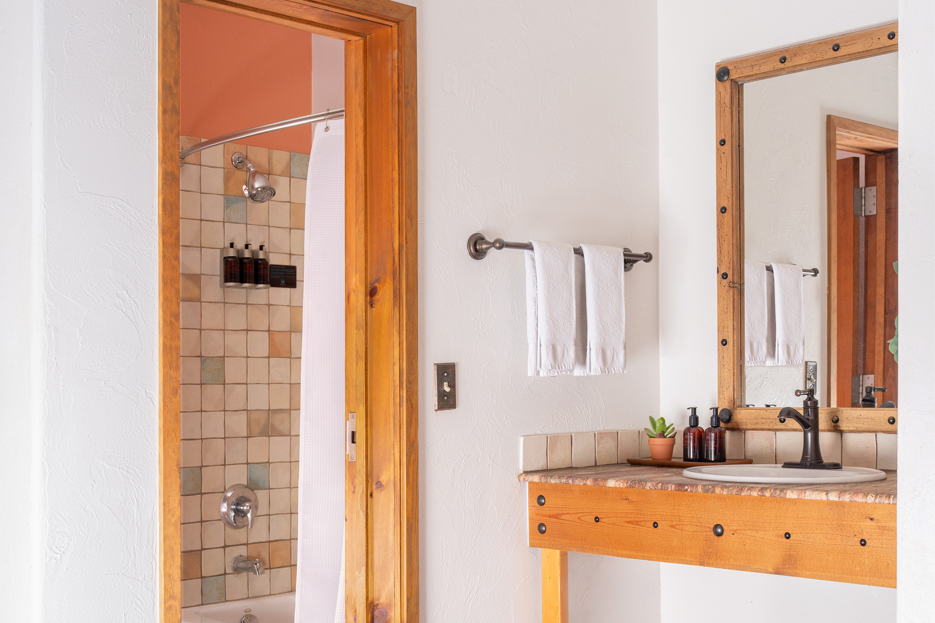 A bathroom with a tiled shower, single sink, and mirror