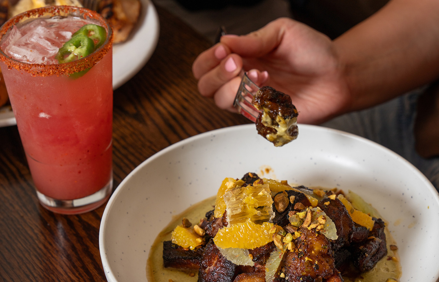 chicken dish and a spicy marg