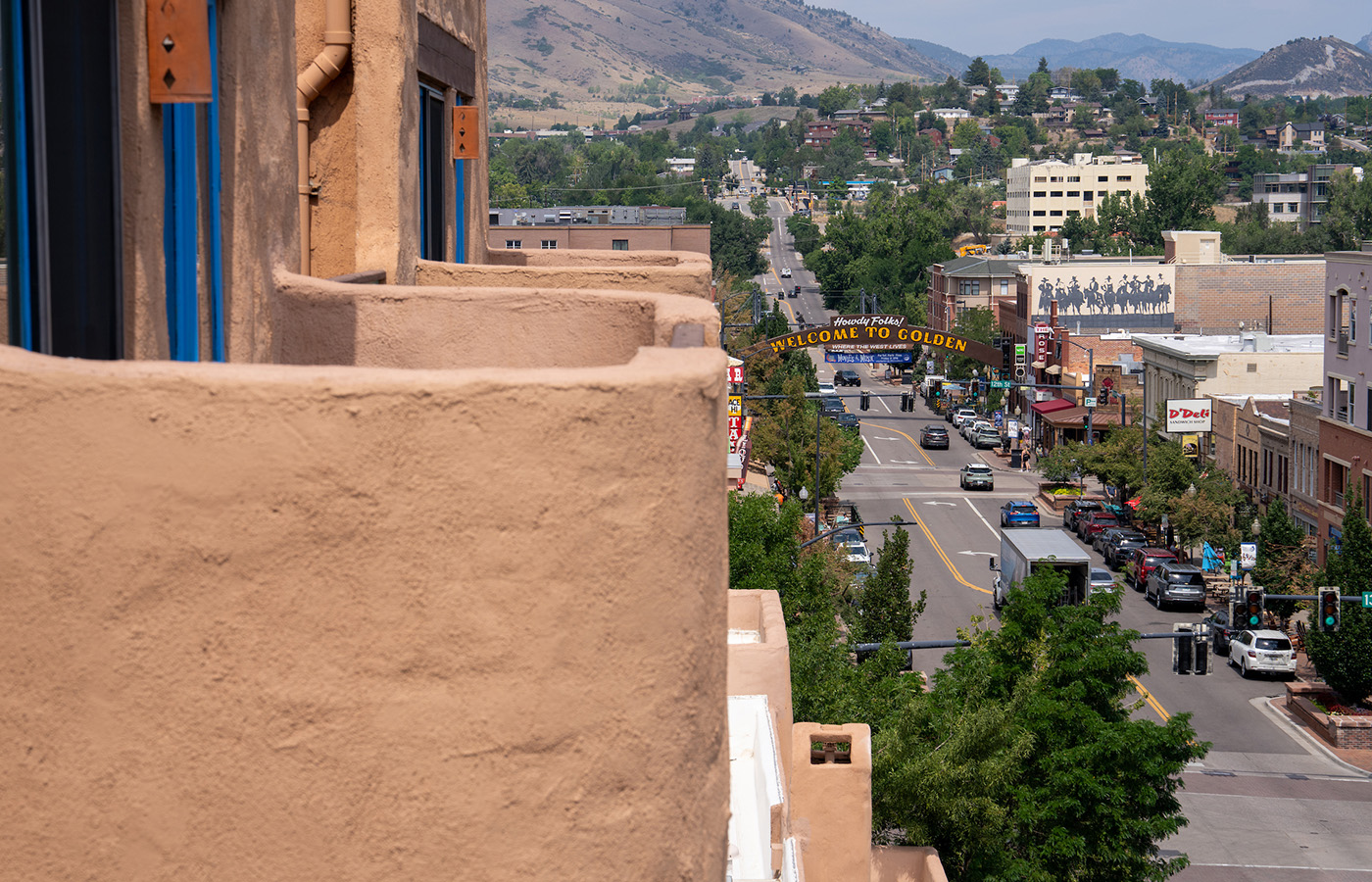 view of the Welcome to Golden sign from hotel balcony